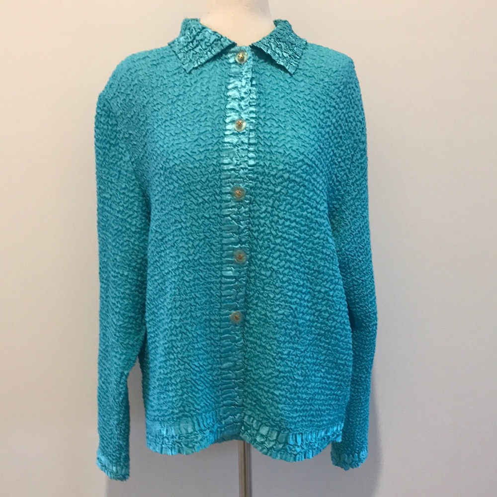 Vintage Sleeveless Teal Sequin Tank Top with Matching Button Down Blouse - Picture 3 of 17